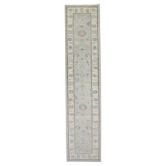 Turkish Oushak Runner Soft Gray & Dusty Blue Handwoven Wool Rug 3'1" x 13'9"