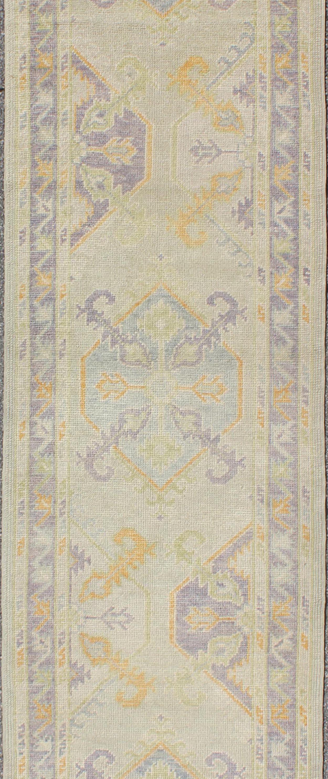 Turkish Oushak Runner with a Tribal Design in Purple, Blue and L.Green Colors  In New Condition For Sale In Atlanta, GA
