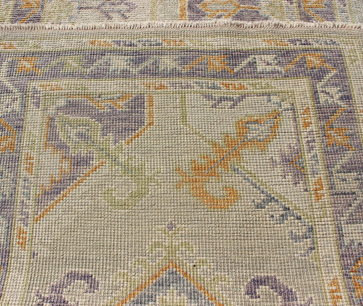 Turkish Oushak Runner with a Tribal Design in Purple, Blue and L.Green Colors  For Sale 2