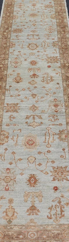 Turkish Oushak Runner with Angora Wool in Sky Blue, Brown and Red
