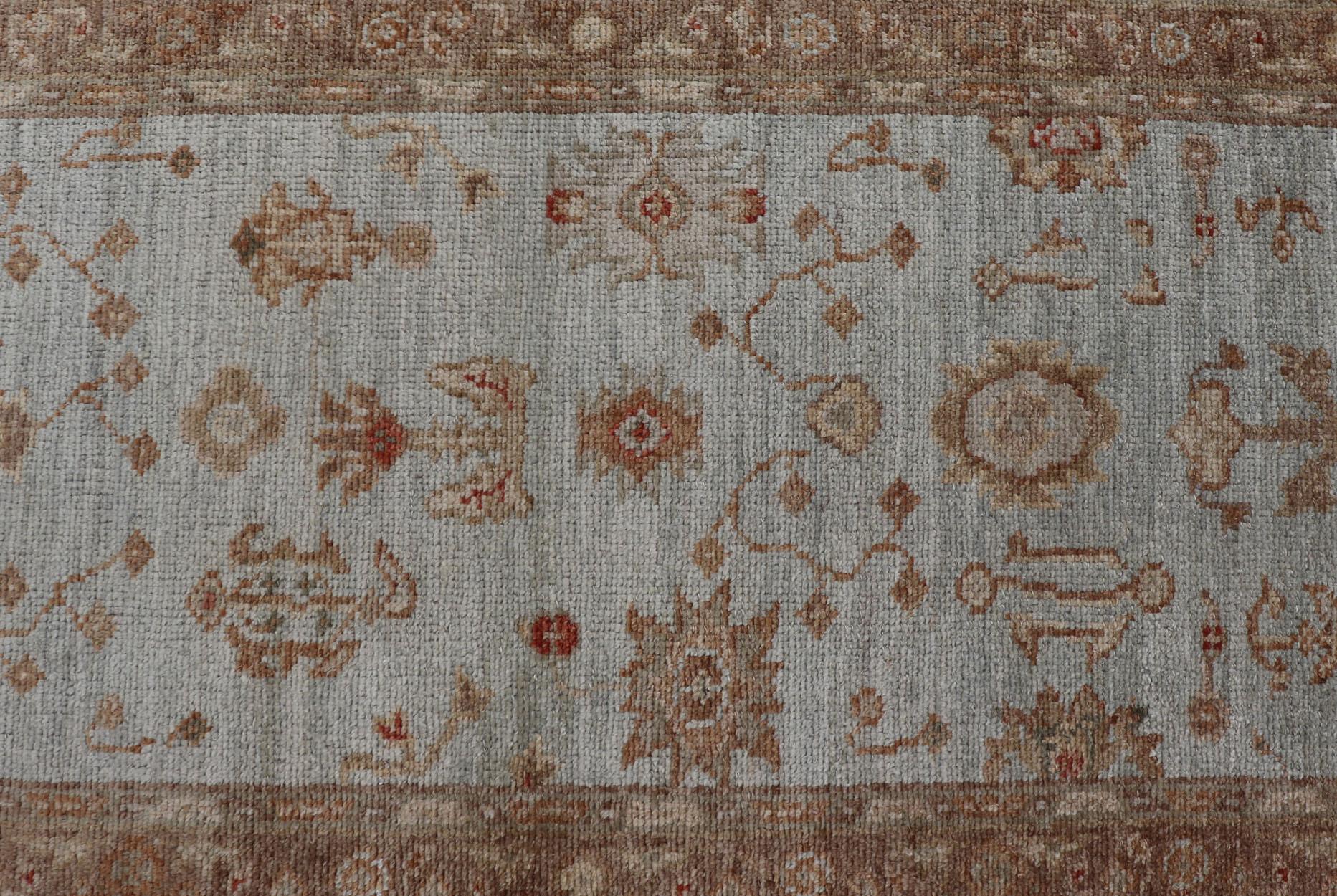Turkish Oushak Runner with Angora Wool in Sky Blue, Brown and Red In Excellent Condition For Sale In Atlanta, GA