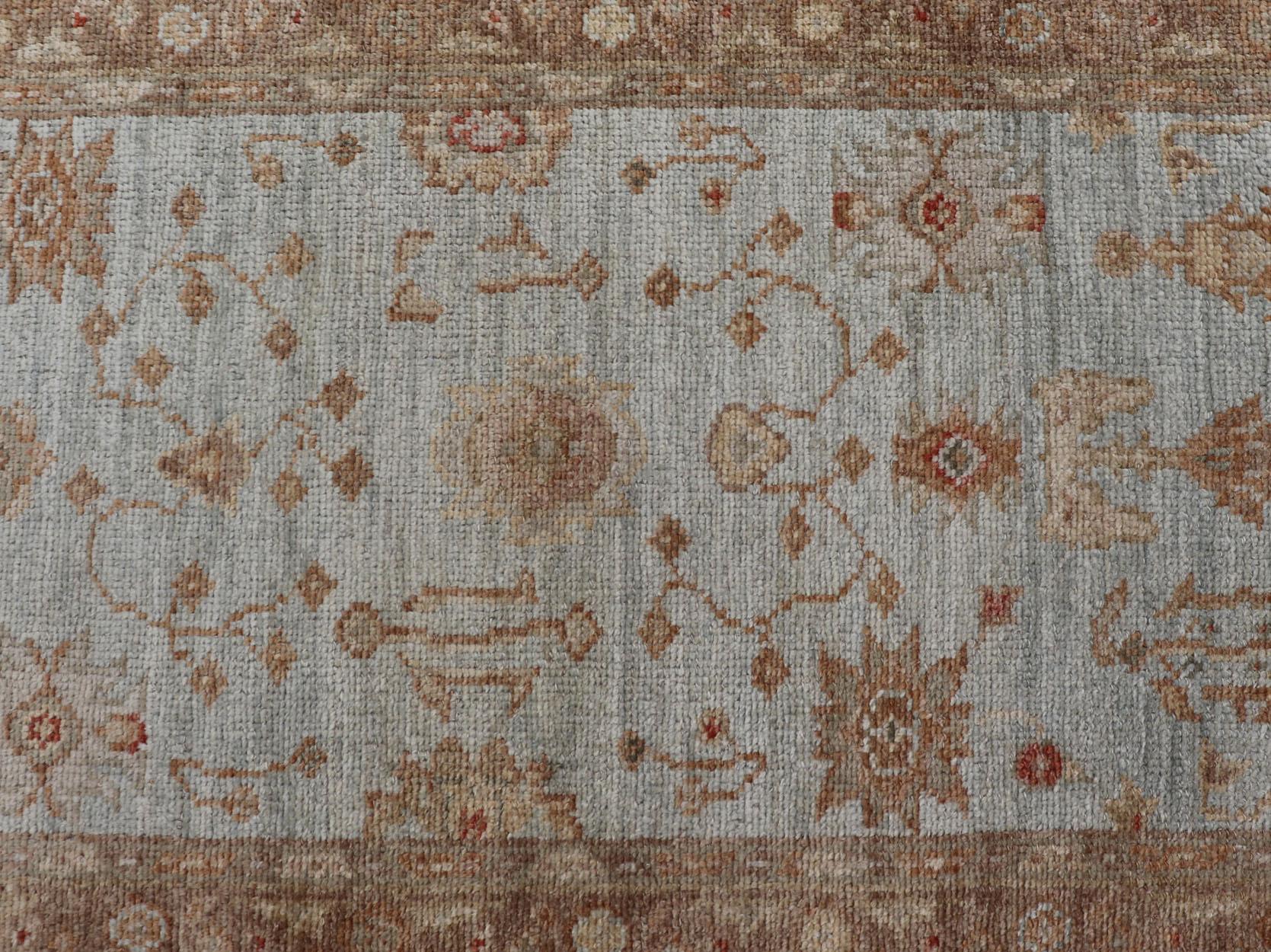 Contemporary Turkish Oushak Runner with Angora Wool in Sky Blue, Brown and Red For Sale