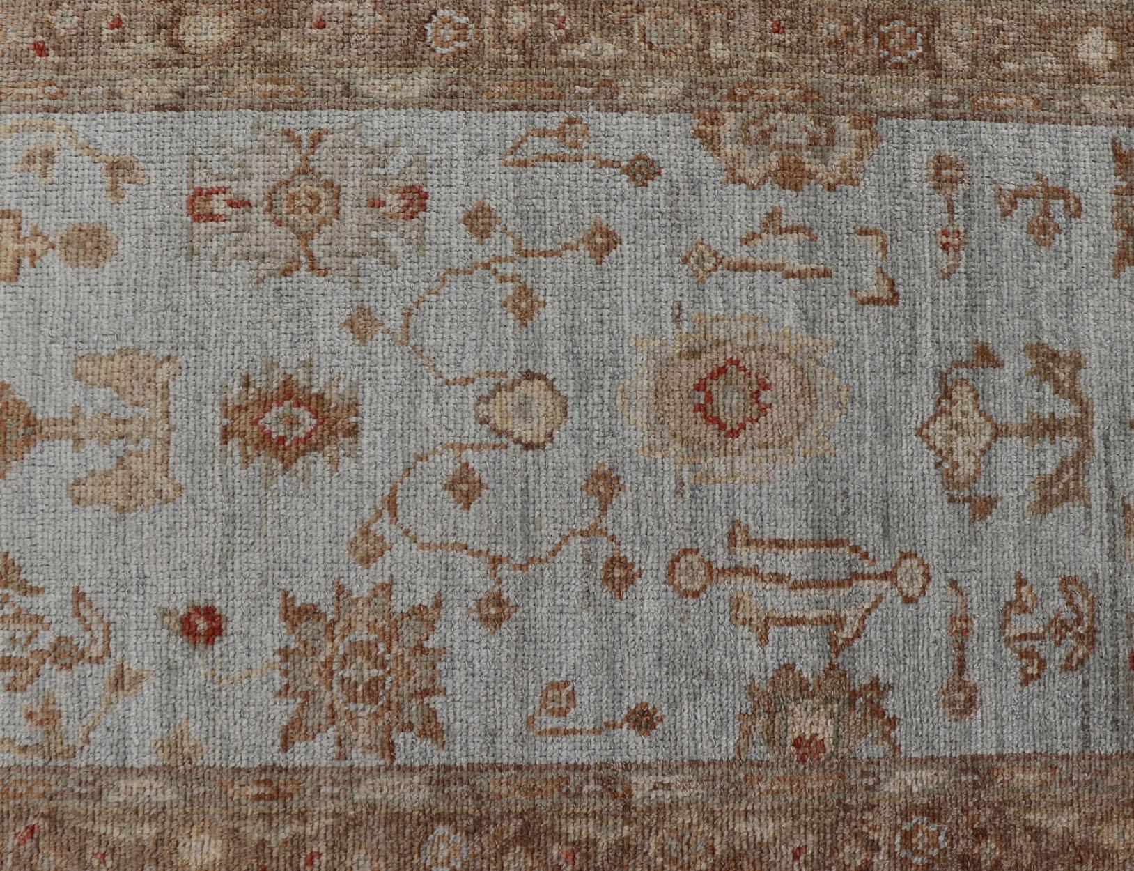 Turkish Oushak Runner with Angora Wool in Sky Blue, Brown and Red For Sale 1