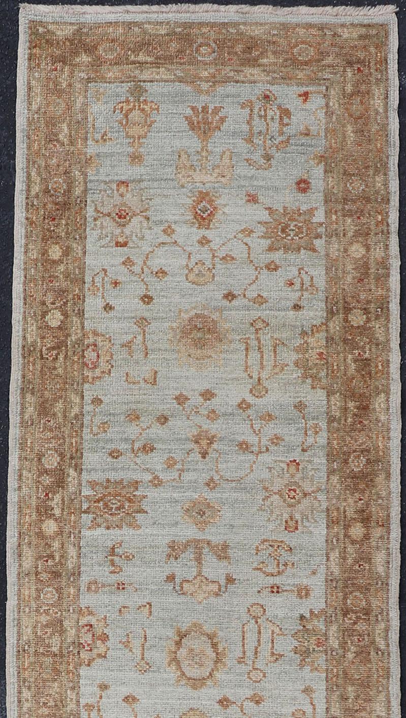 Turkish Oushak Runner with Angora Wool in Sky Blue, Brown and Red For Sale 2