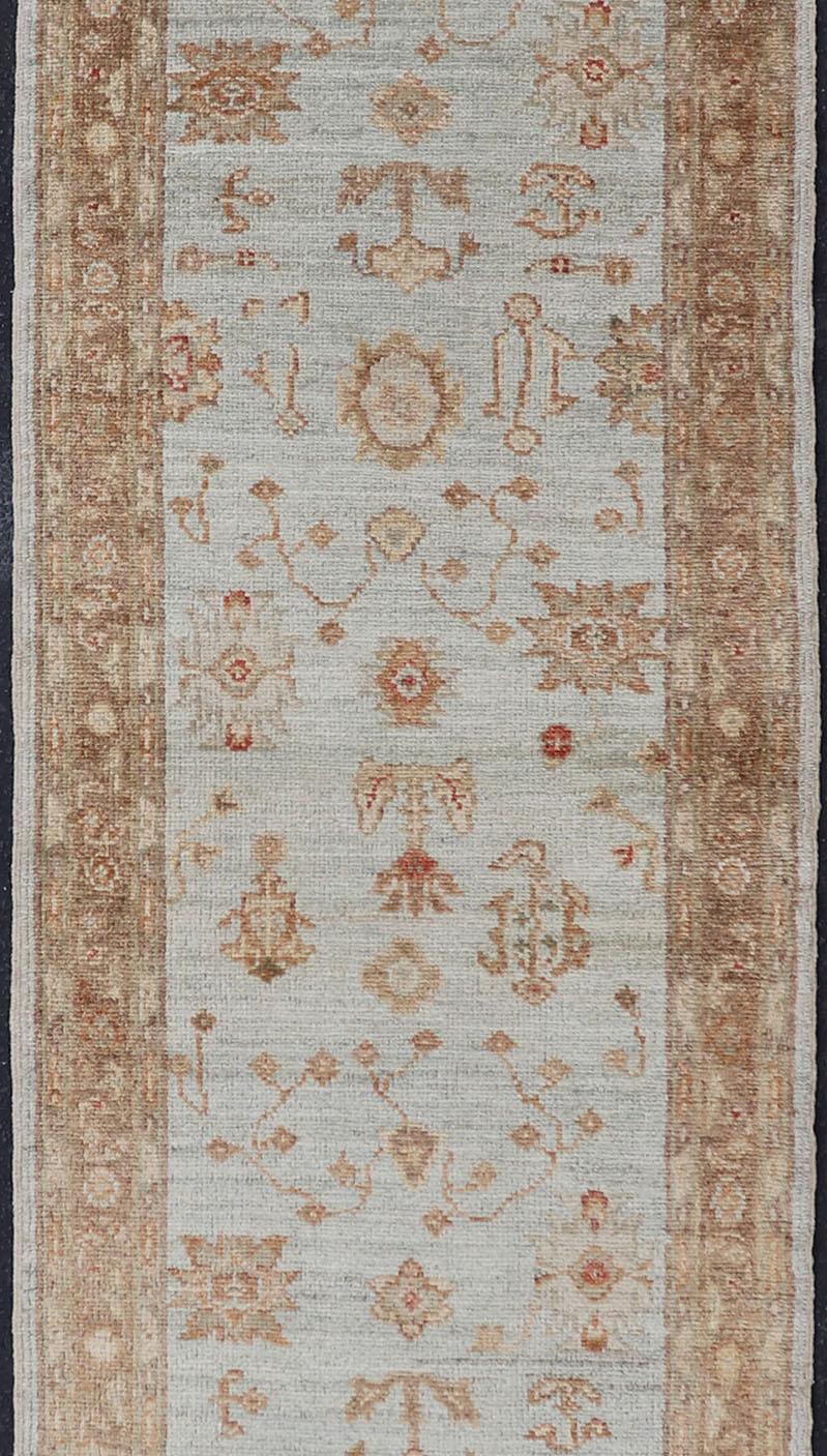 Turkish Oushak Runner with Angora Wool in Sky Blue, Brown and Red For Sale 3