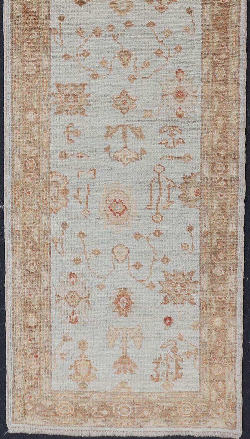 Turkish Oushak Runner with Angora Wool in Sky Blue, Brown and Red For Sale 4