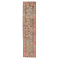Turkish Oushak Runner with Coral Red and Taupe Geometric Medallion Design