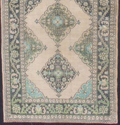 Turkish Oushak Gallery Runner in Pale Beige with Teal, Mint Green, and Navy