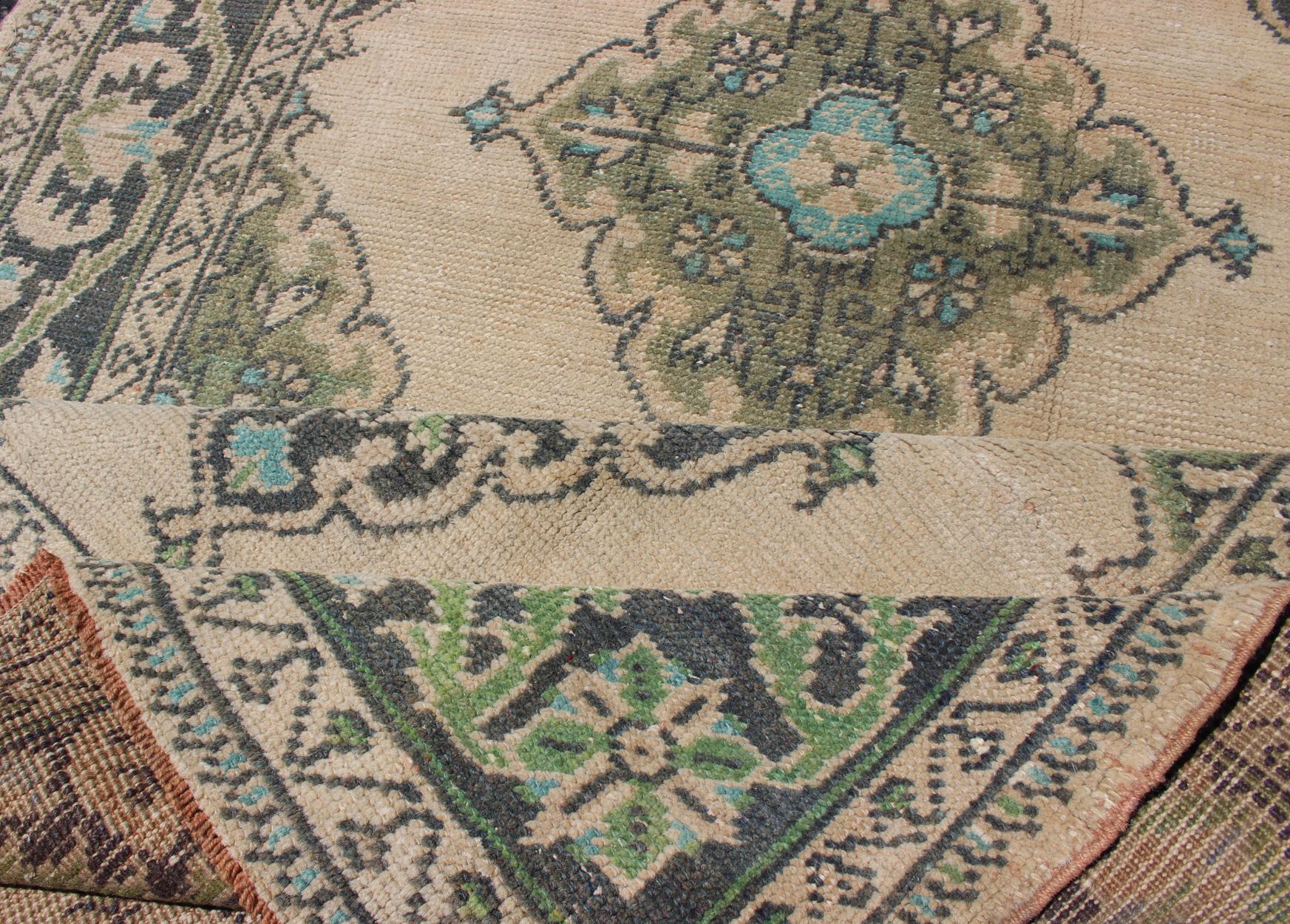 Turkish Oushak Runner with Medallion Design in Dark Blue, Blush, Aqua and Green In Good Condition For Sale In Atlanta, GA