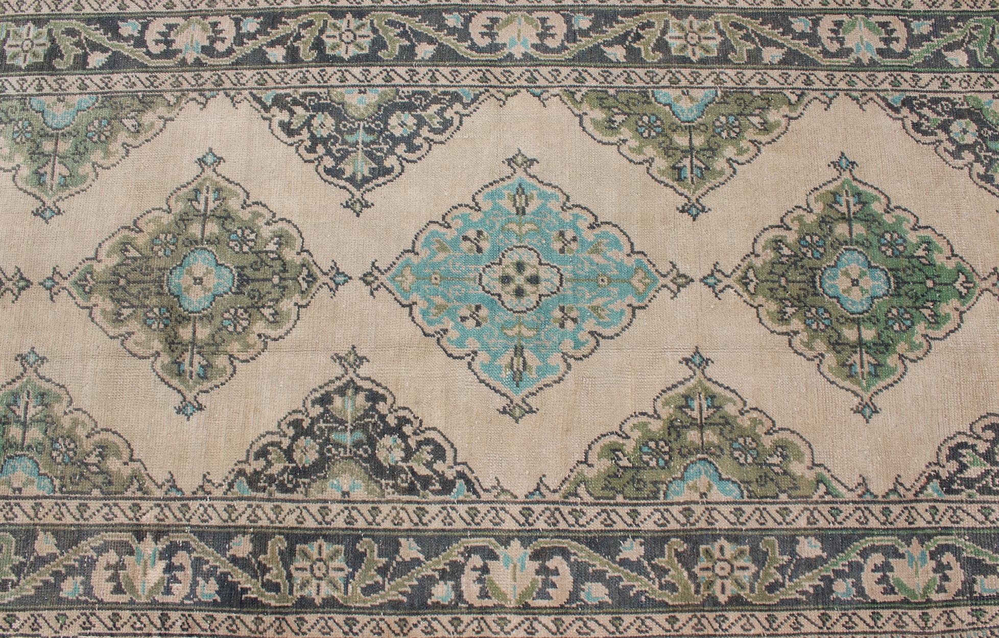 Wool Turkish Oushak Runner with Medallion Design in Dark Blue, Blush, Aqua and Green For Sale