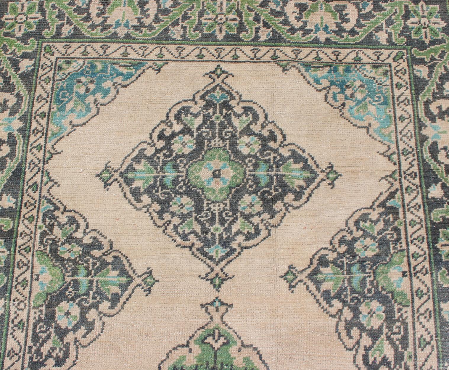 Turkish Oushak Runner with Medallion Design in Dark Blue, Blush, Aqua and Green For Sale 1