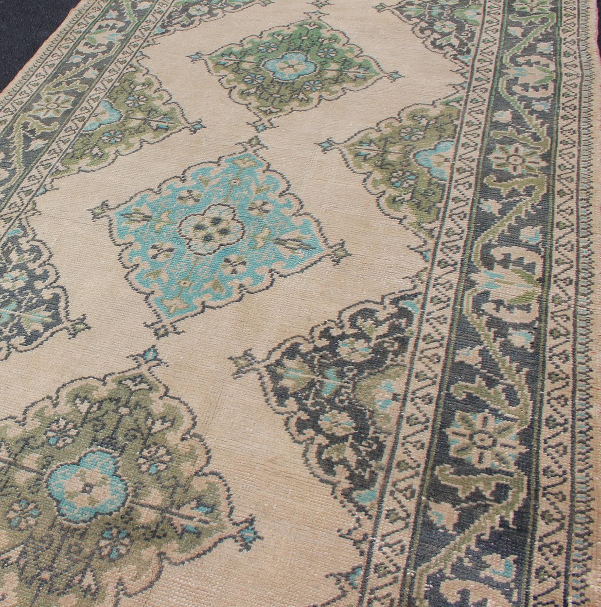 Turkish Oushak Runner with Medallion Design in Dark Blue, Blush, Aqua and Green For Sale 2