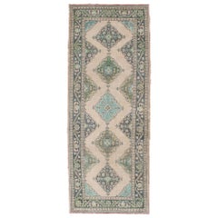 Turkish Oushak Runner with Medallion Design in Dark Blue, Blush, Aqua and Green