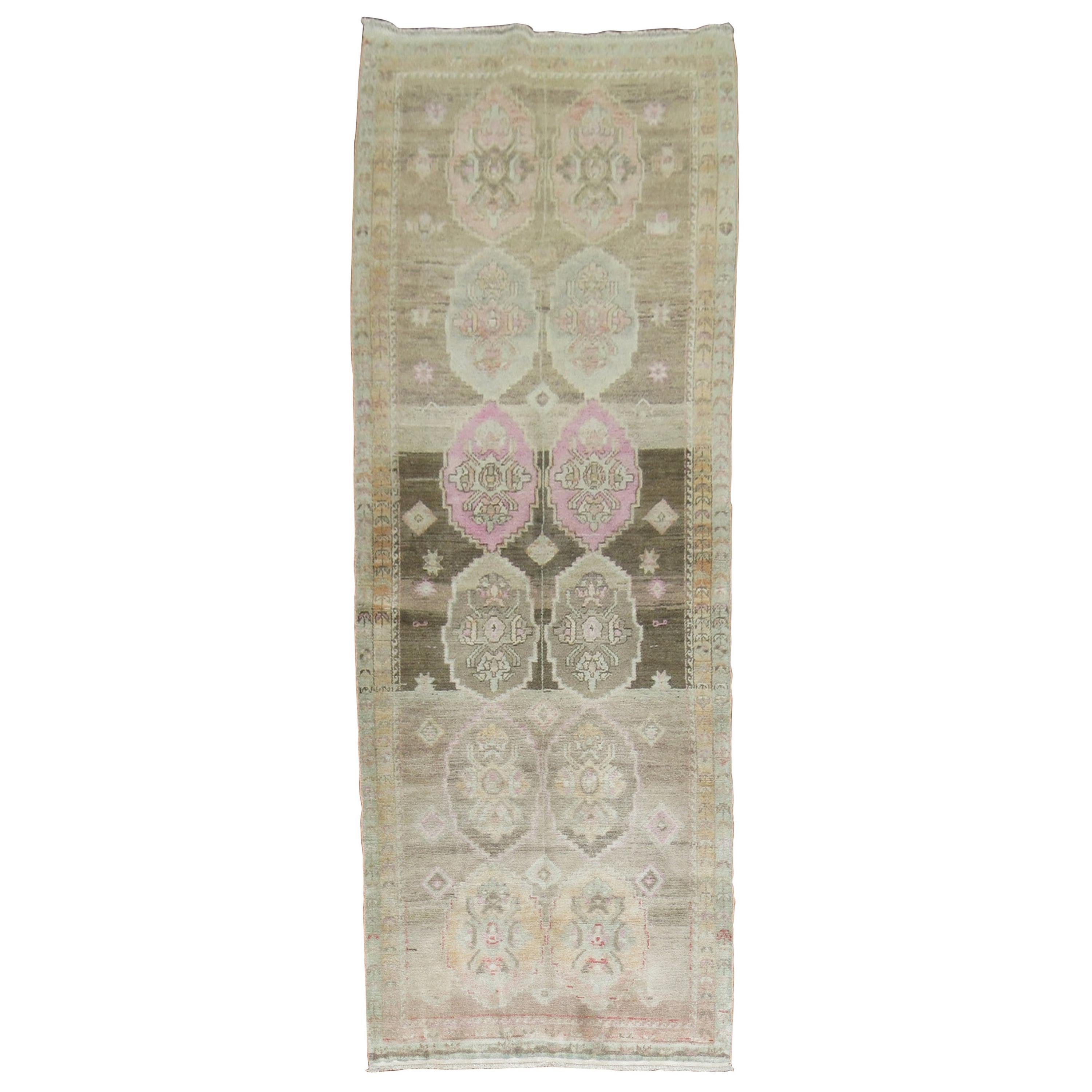 Turkish Oushak Runner with Pink Hues For Sale