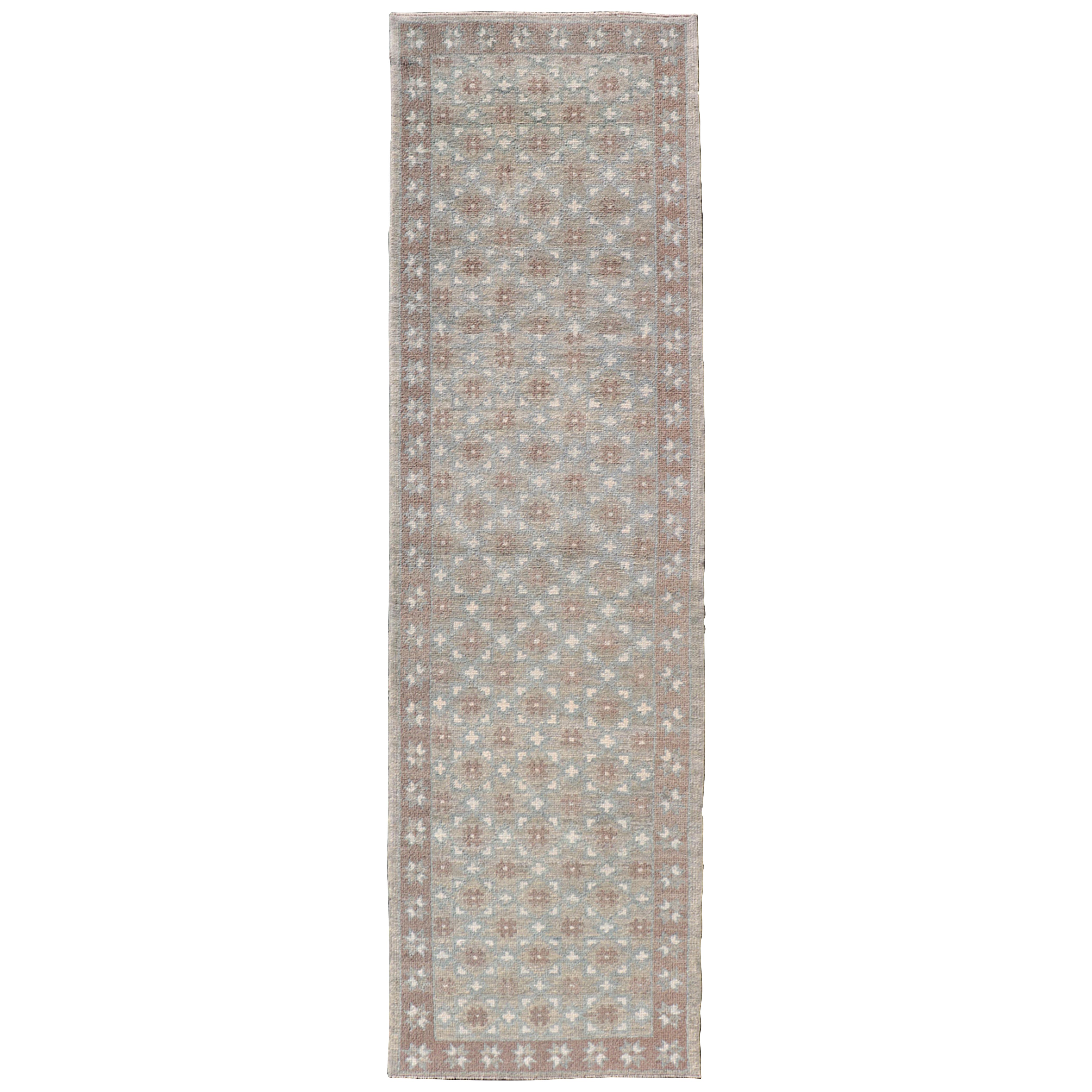 Turkish Oushak Runner with Repeating Floral Motif in Taupe and Seafoam Green