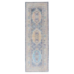 Turkish Oushak Runner With Rich Blue, Peach, and Ivory Tones 2'6 X 9'2