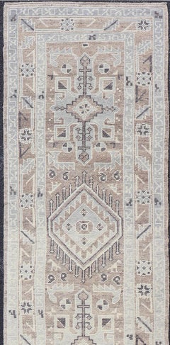Turkish Oushak Runner with Soft Beige, Taupe, and Blue Geometric Motifs