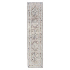 Turkish Oushak Runner with Soft Beige, Taupe, and Blue Geometric Motifs