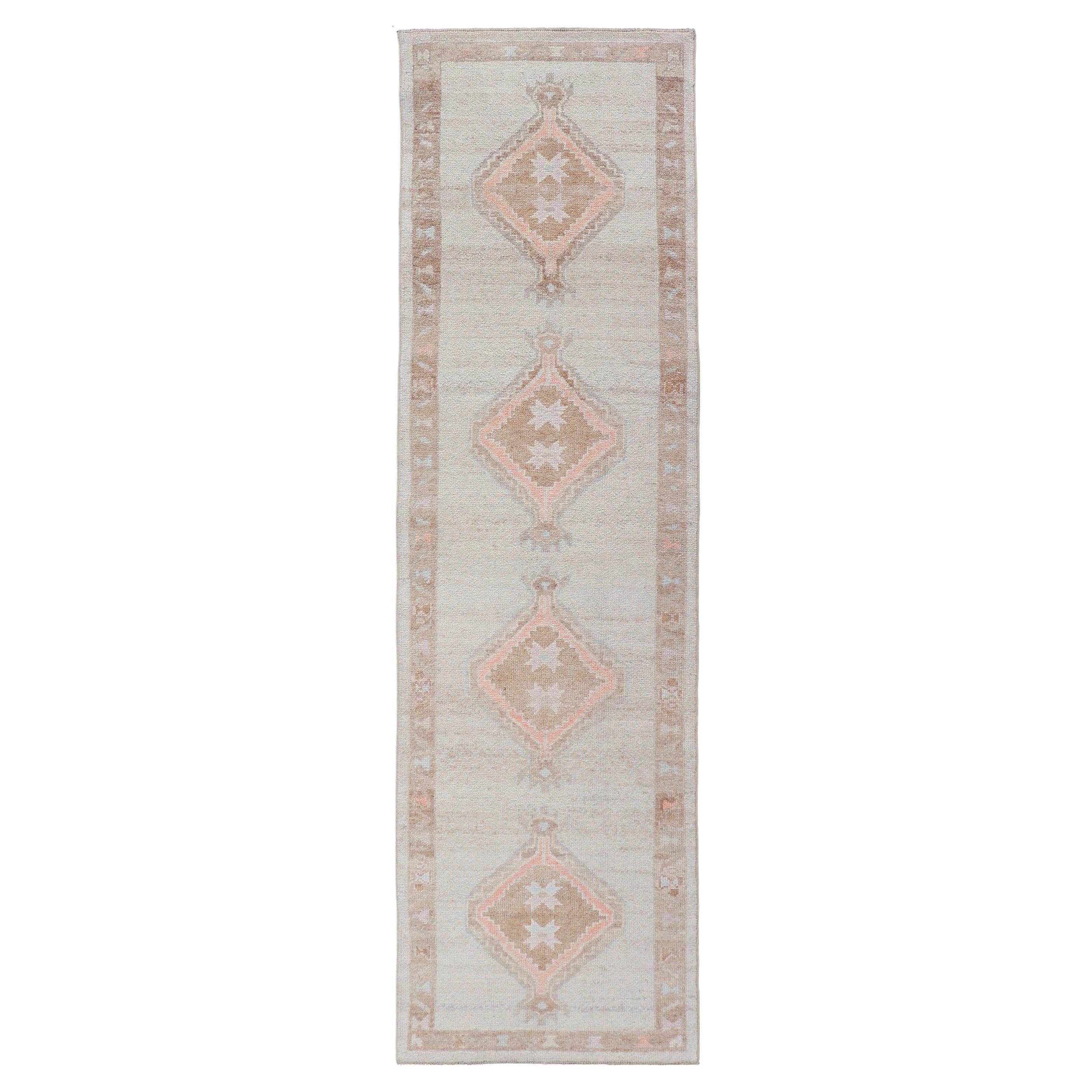 Turkish Oushak Runner with Soft Ivory Field and Peach Geometric Medallions