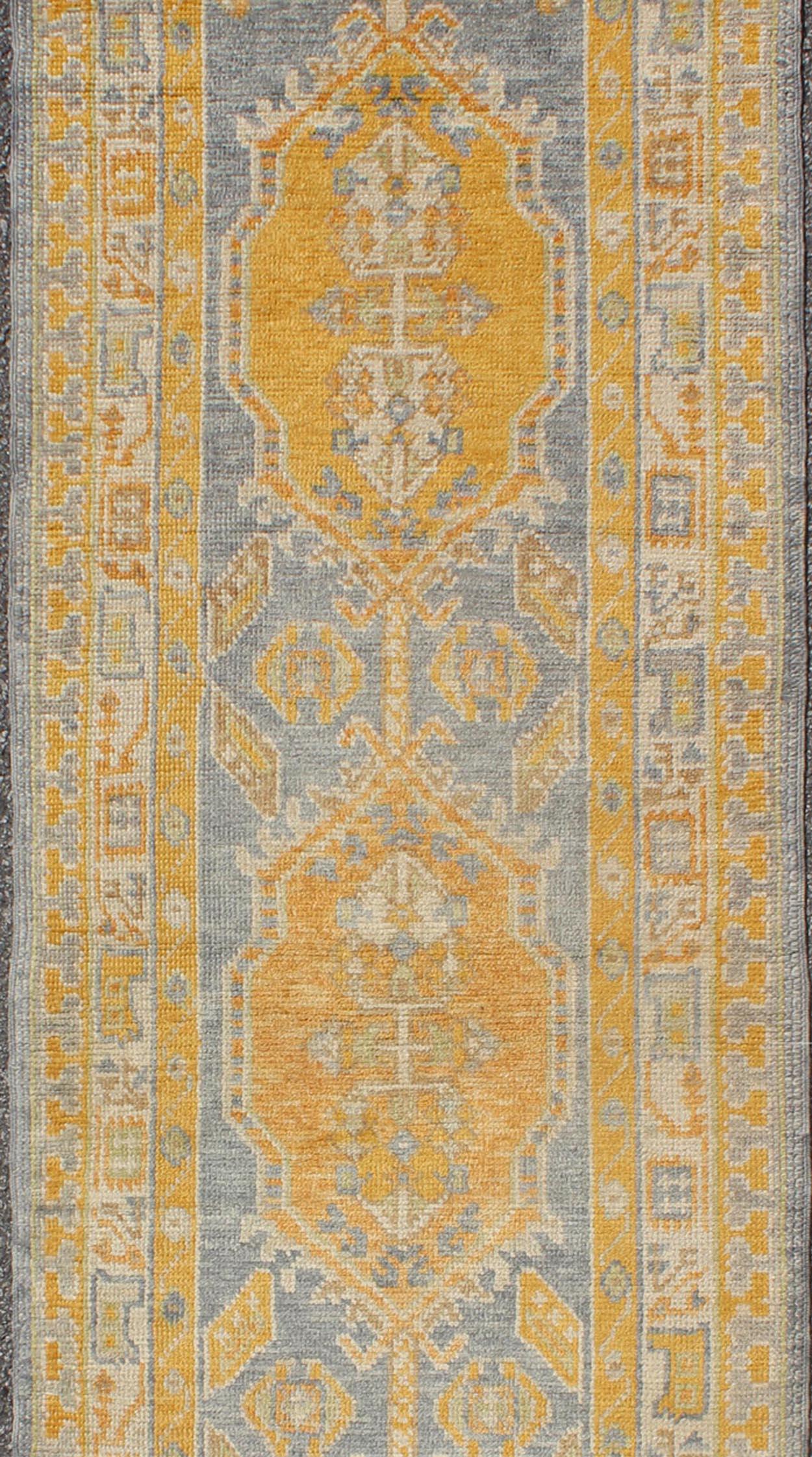 Hand-Knotted Traditional Turkish Oushak Runner with Medallions in Orange & Blue For Sale