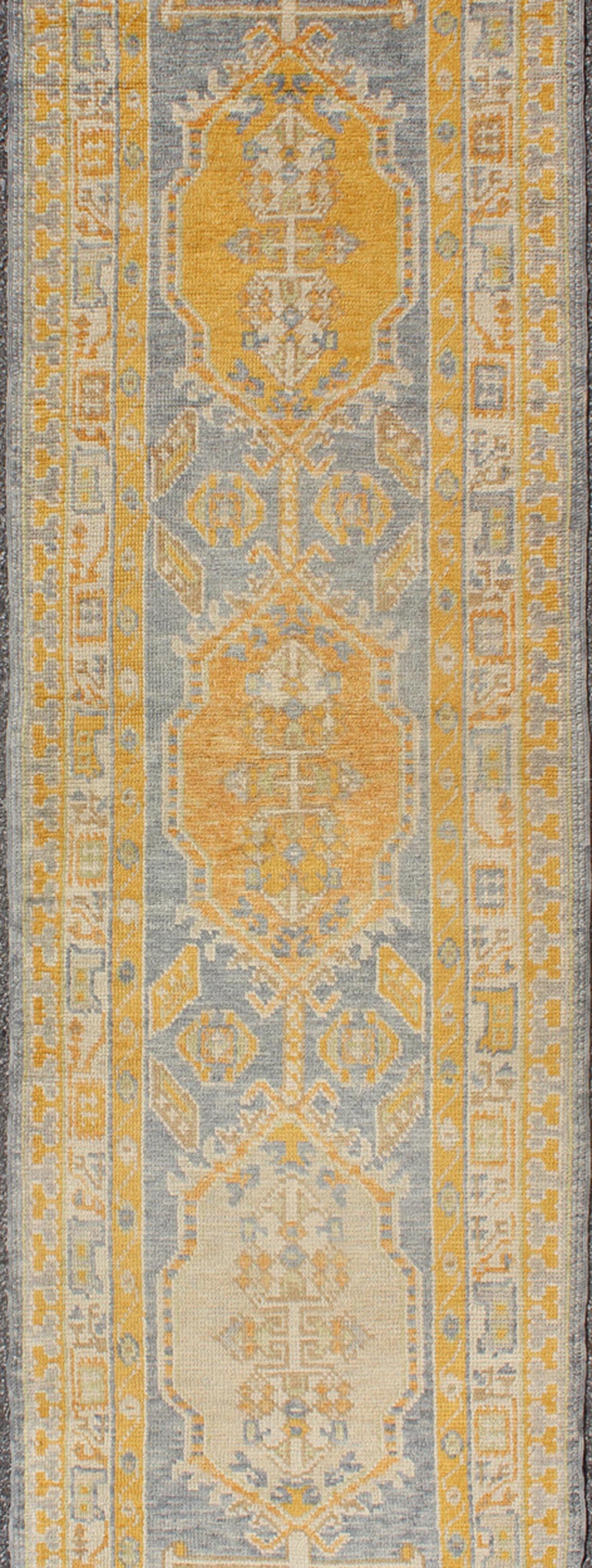 Traditional Turkish Oushak Runner with Medallions in Orange & Blue In Excellent Condition For Sale In Atlanta, GA