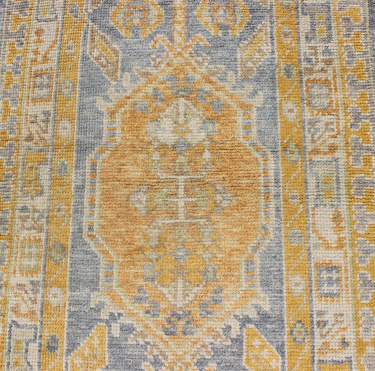 Wool Traditional Turkish Oushak Runner with Medallions in Orange & Blue For Sale