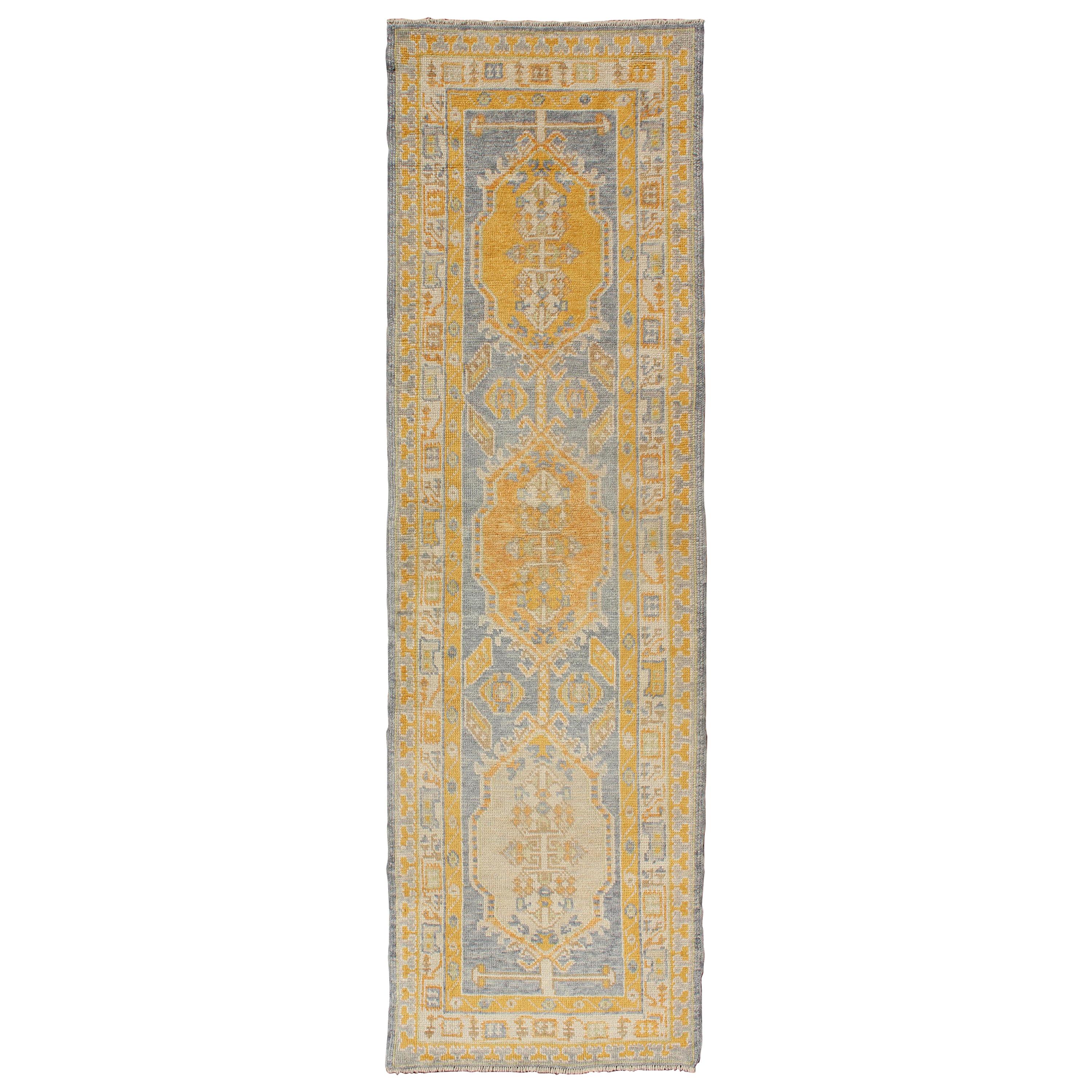 Traditional Turkish Oushak Runner with Medallions in Orange & Blue For Sale