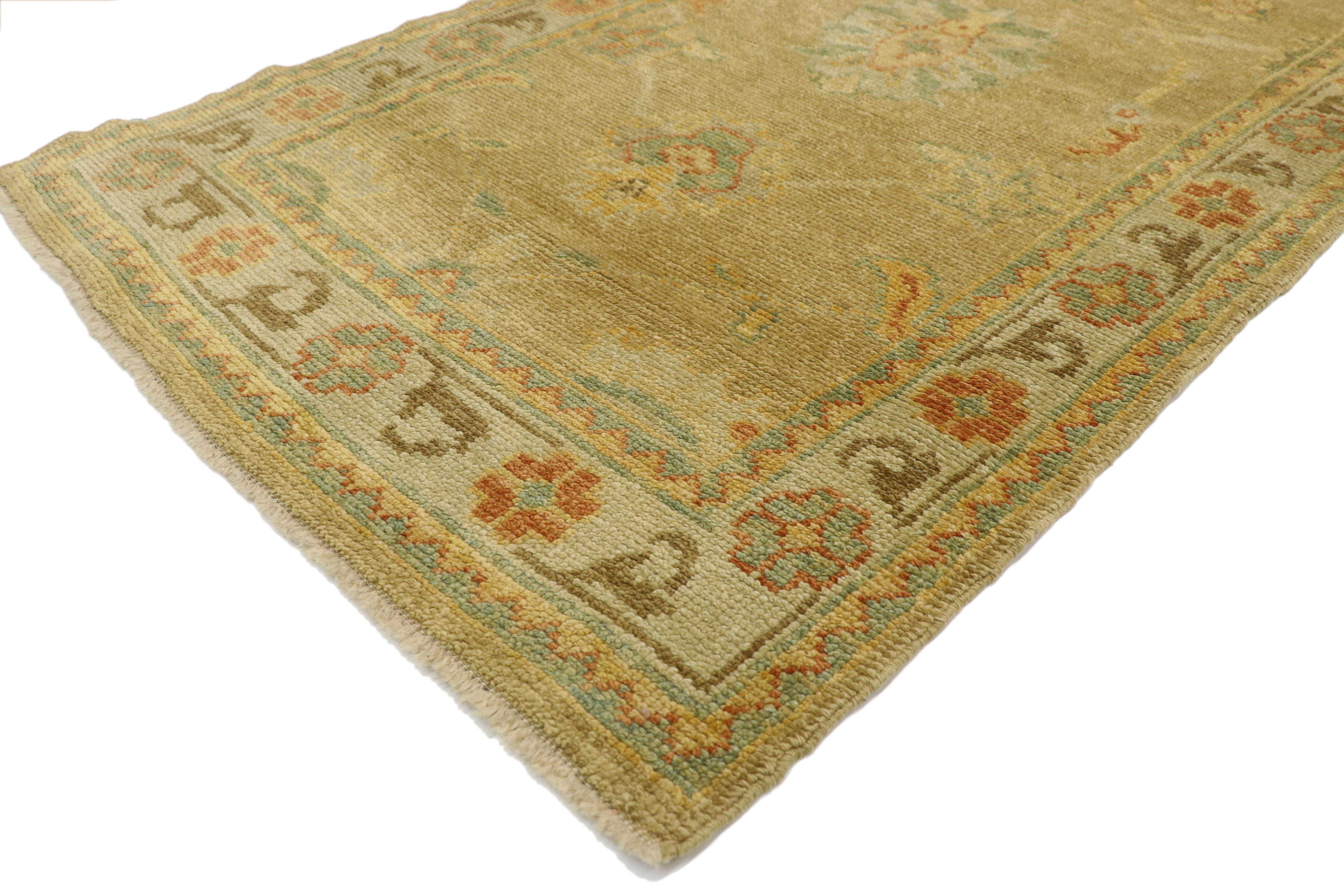 50538 Turkish Oushak runner with warm Tuscan Mediterranean style, Long Hallway Runner . Warm Mediterranean style and rustic refinement merge beautifully in this Turkish Oushak runner. Elegantly artistic and timeless, the field is covered in an