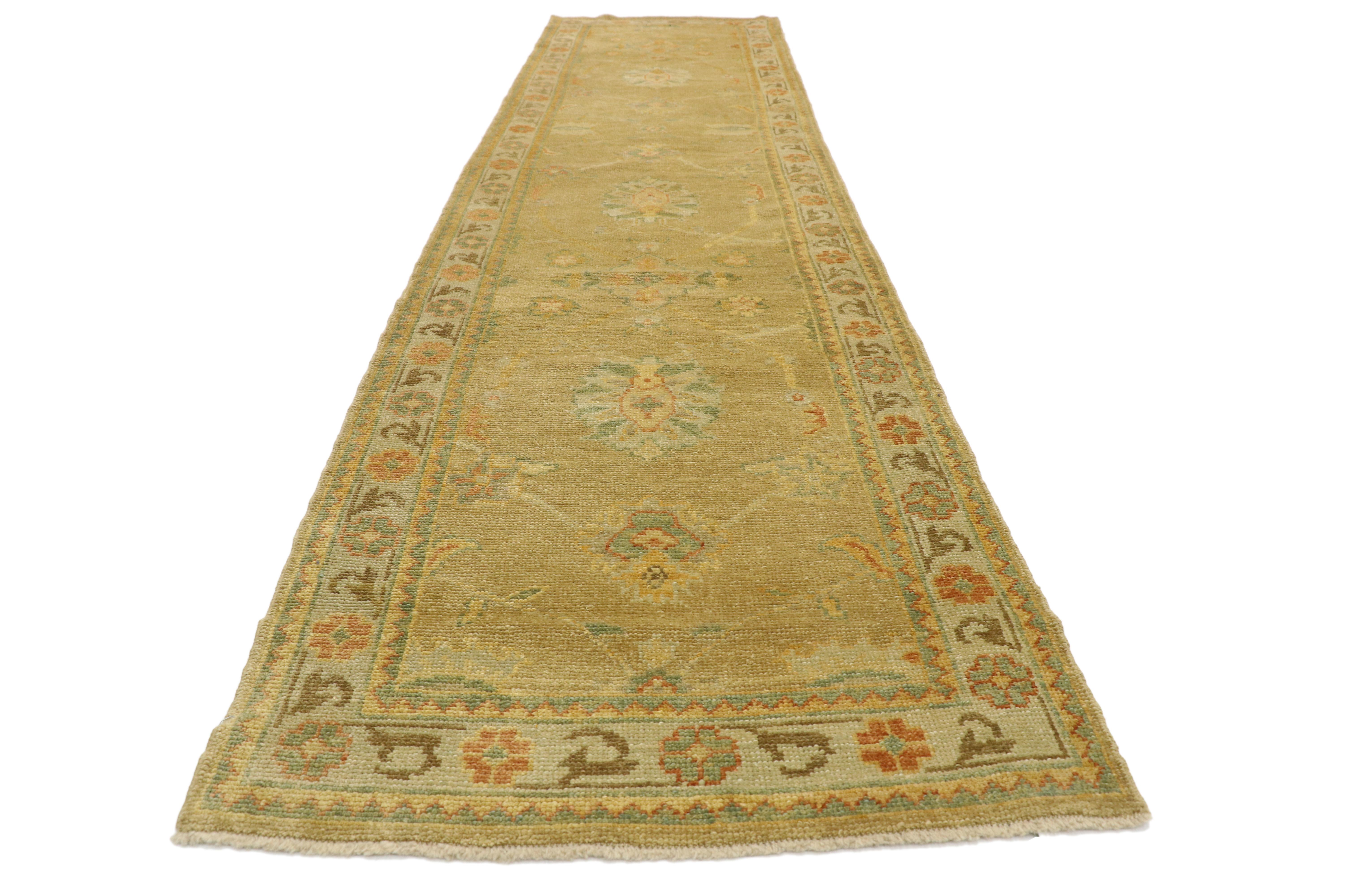 Hand-Knotted Turkish Oushak Runner with Warm Tuscan Mediterranean Style, Long Hallway Runner For Sale