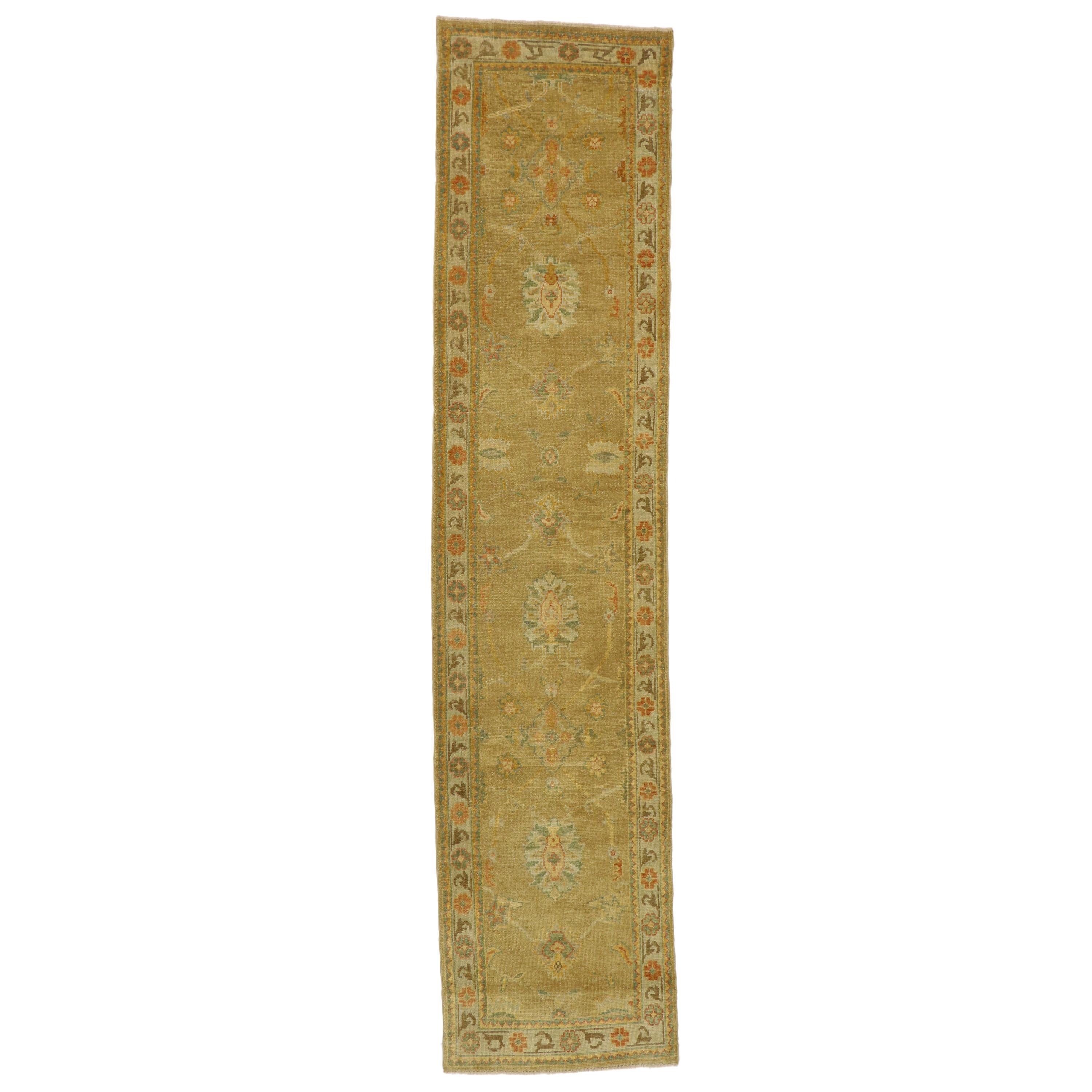 Turkish Oushak Runner with Warm Tuscan Mediterranean Style, Long Hallway Runner For Sale