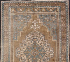 Vintage Turkish Oushak Rug with Faded Camel Field and Powder Blue Corners