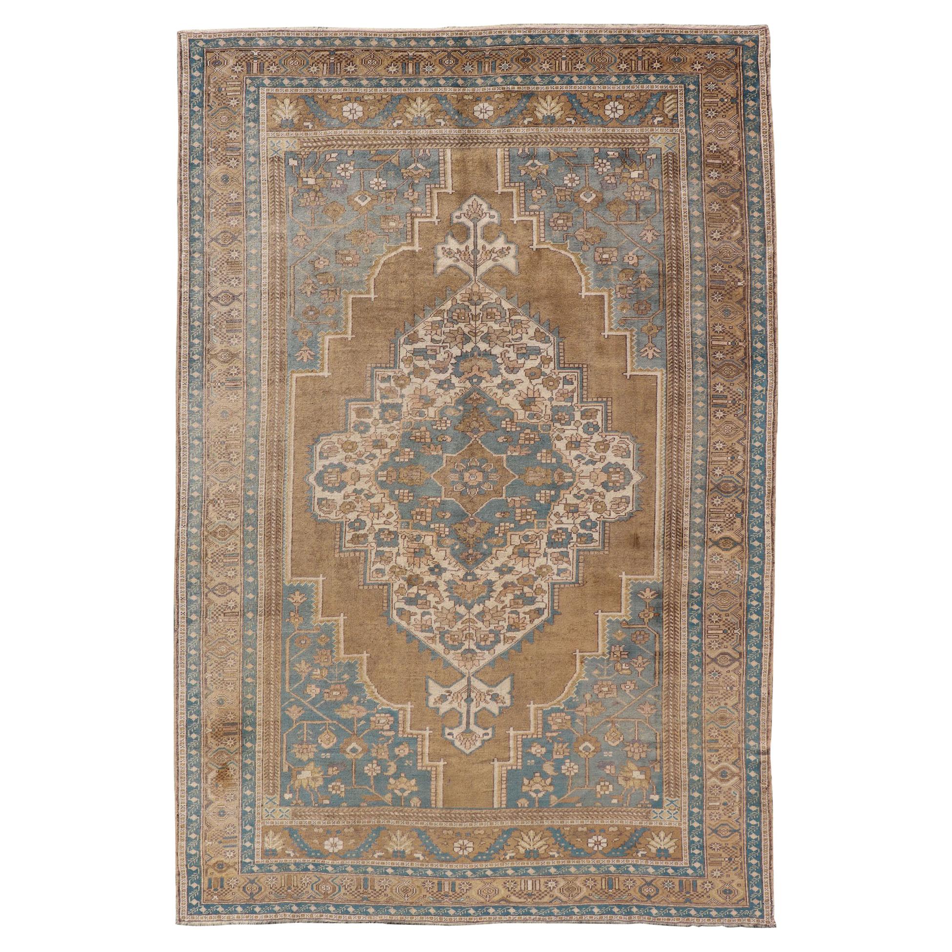 Turkish Oushak Vintage Carpet from Turkey in Golden Brown and Blue Tones