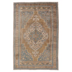 Turkish Oushak Vintage Carpet from Turkey in Golden Brown and Blue Tones