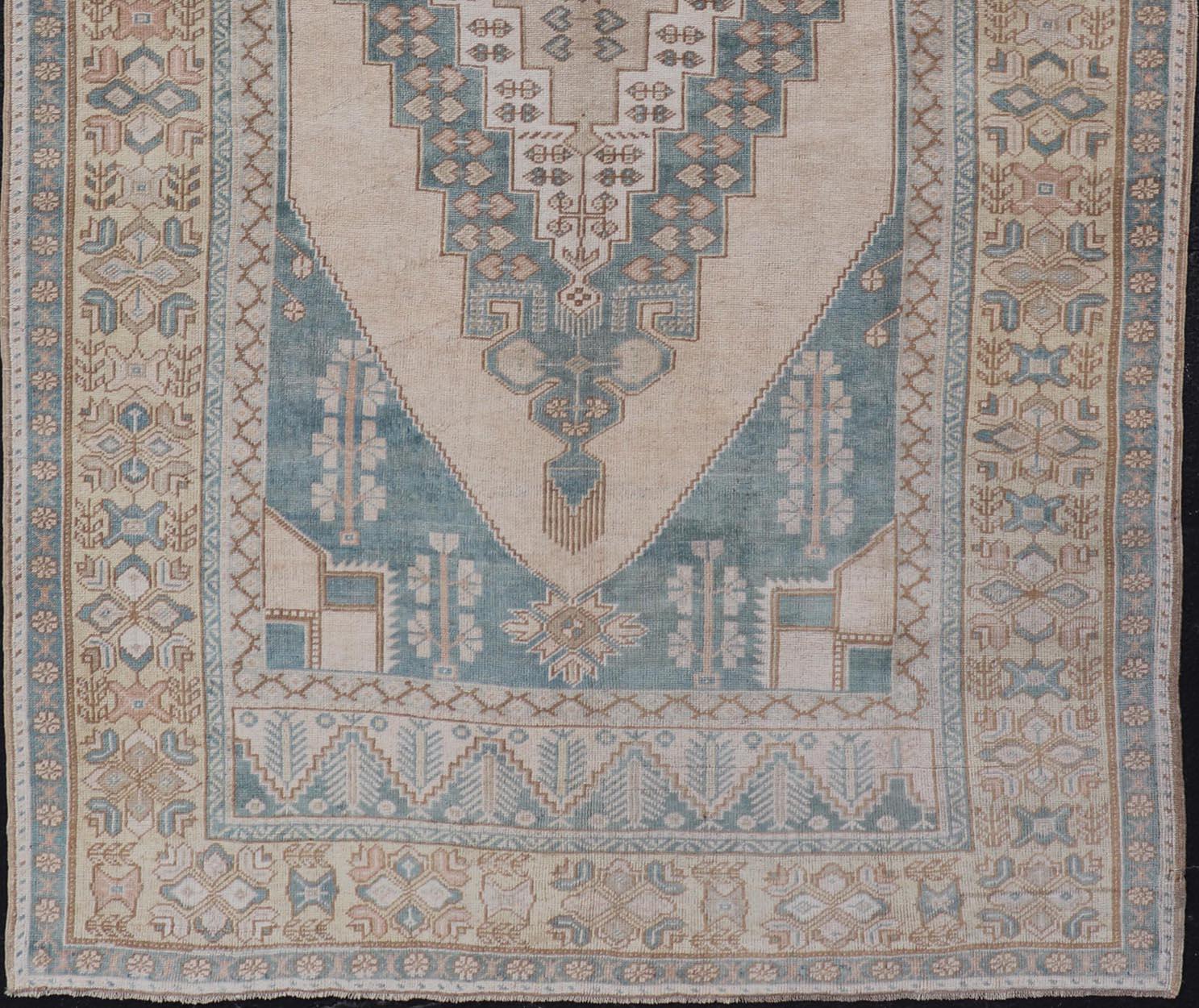Wool Turkish Oushak Vintage Carpet from Turkey in Light Yellow and Blue Tones For Sale
