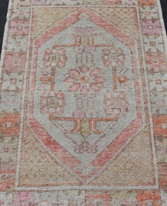 Turkish Oushak Vintage Carpet in Light Orange, Light Blue and Multi Colors
