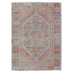Turkish Oushak Vintage Carpet in Light Orange, Light Blue and Multi Colors