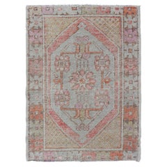 Turkish Oushak Vintage Carpet in Light Orange, Light Blue and Multi Colors 