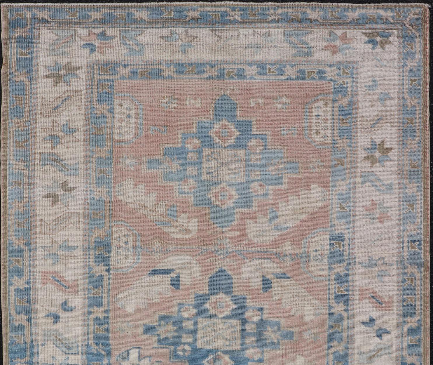 Hand-Knotted Turkish Oushak Vintage Carpet with Tri Medallion Design For Sale