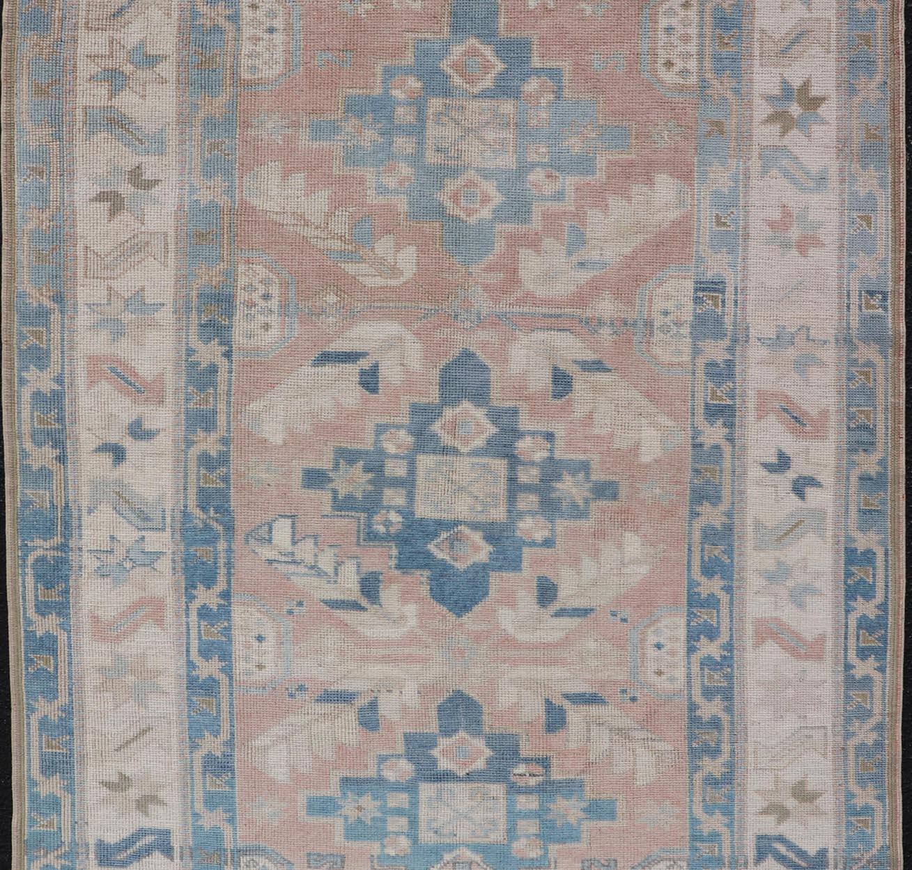 Turkish Oushak Vintage Carpet with Tri Medallion Design In Good Condition For Sale In Atlanta, GA