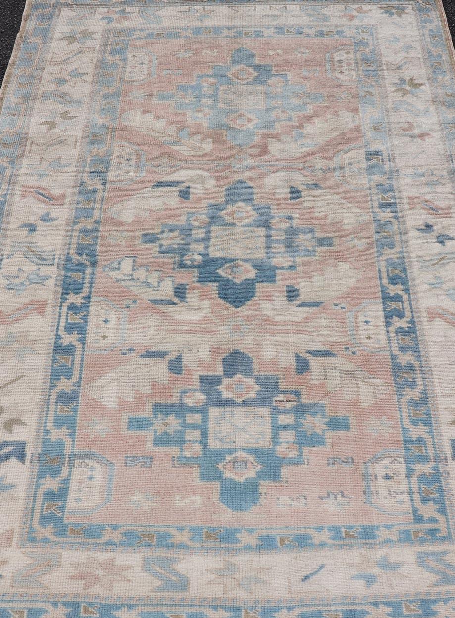 Turkish Oushak Vintage Carpet with Tri Medallion Design For Sale 2