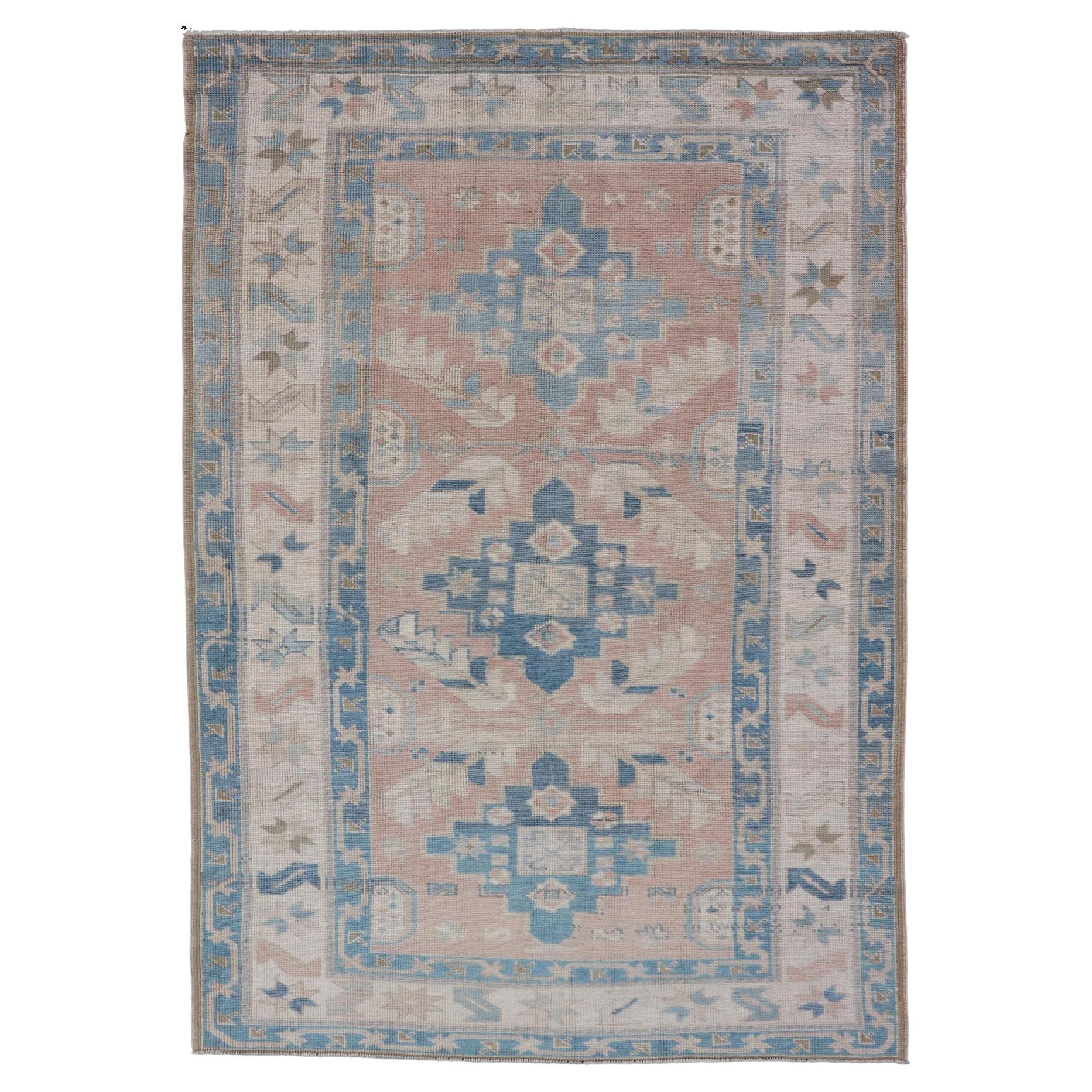Turkish Oushak Vintage Carpet with Tri Medallion Design For Sale