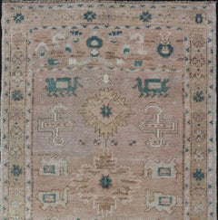 Turkish Oushak Vintage in Variation of Muted Colors, Tan, Pink, Teal & Lt. Brown
