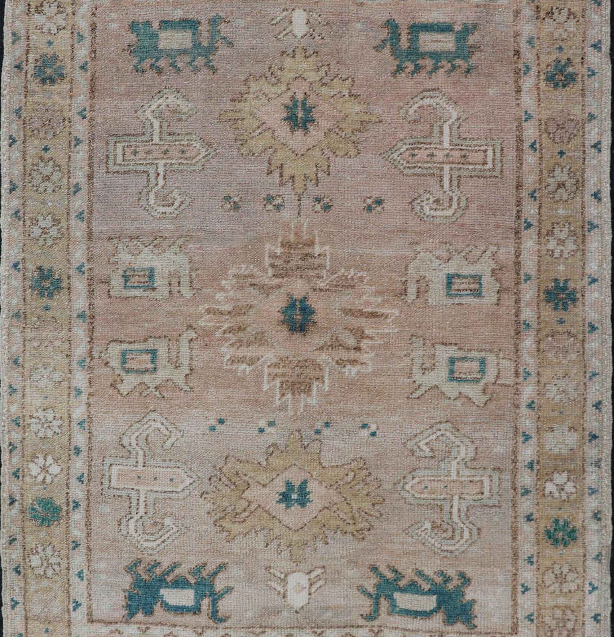 Hand-Knotted Turkish Oushak Vintage in Variation of Muted Colors, Tan, Pink, Teal & Lt. Brown For Sale