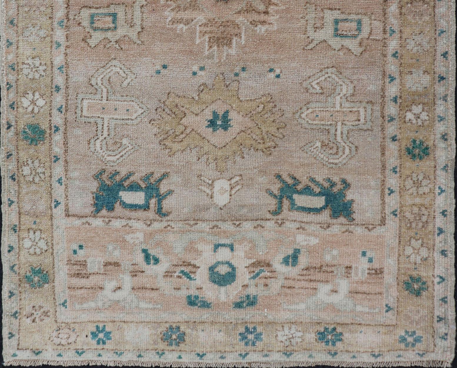Turkish Oushak Vintage in Variation of Muted Colors, Tan, Pink, Teal & Lt. Brown In Excellent Condition For Sale In Atlanta, GA