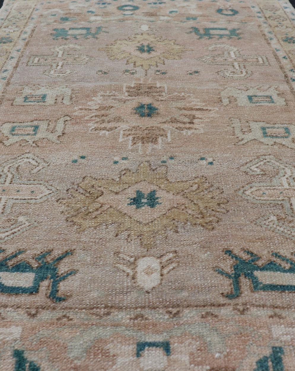 20th Century Turkish Oushak Vintage in Variation of Muted Colors, Tan, Pink, Teal & Lt. Brown For Sale