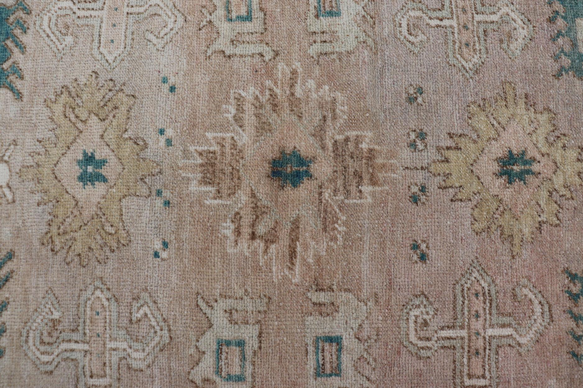 Wool Turkish Oushak Vintage in Variation of Muted Colors, Tan, Pink, Teal & Lt. Brown For Sale