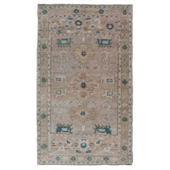 Oushak turco vintage in una varietà di colori tenui, Tan, Pink, Teal e Lt. Marrone