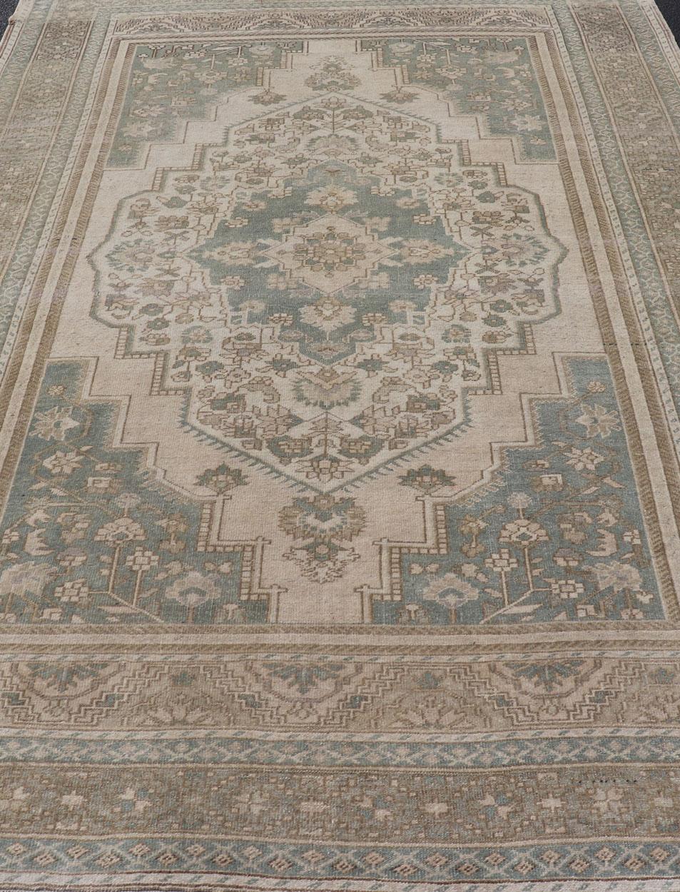 Turkish Oushak Vintage Medallion Rug in Light Blue-Green, Tan, Taupe, and Cream For Sale 5