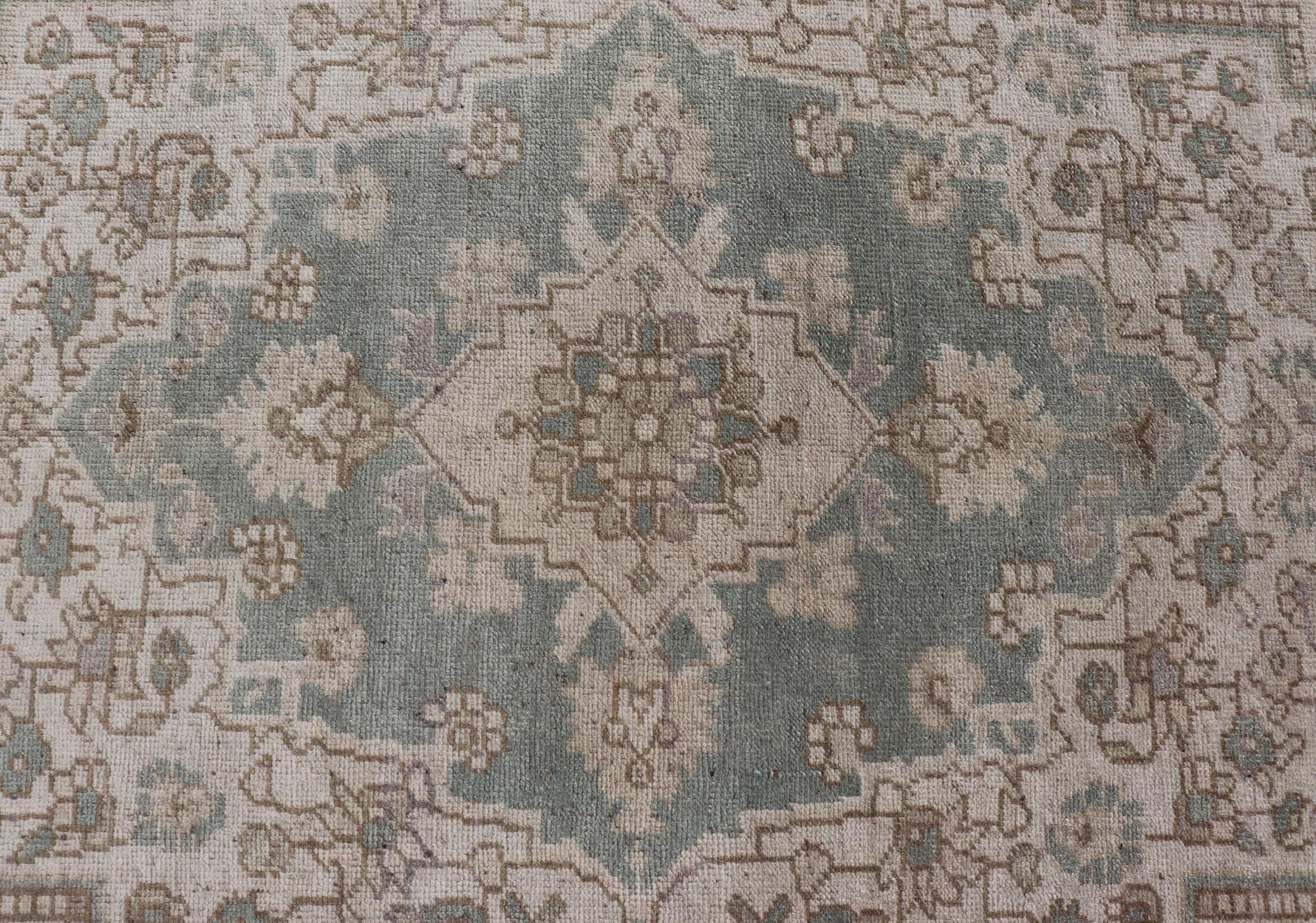 Turkish Oushak Vintage Medallion Rug in Light Blue-Green, Tan, Taupe, and Cream For Sale 7