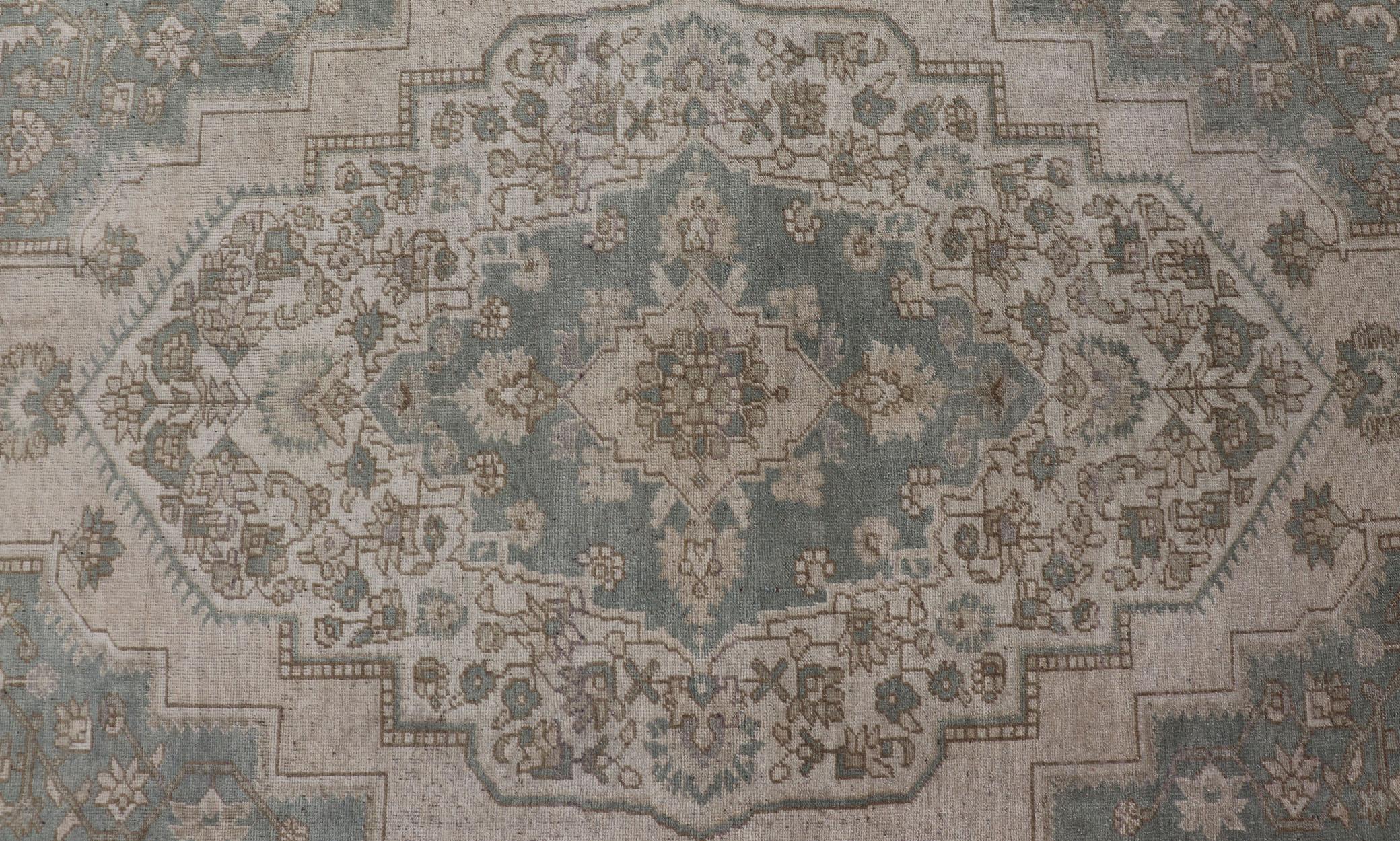 Turkish Oushak Vintage Medallion Rug in Light Blue-Green, Tan, Taupe, and Cream For Sale 8